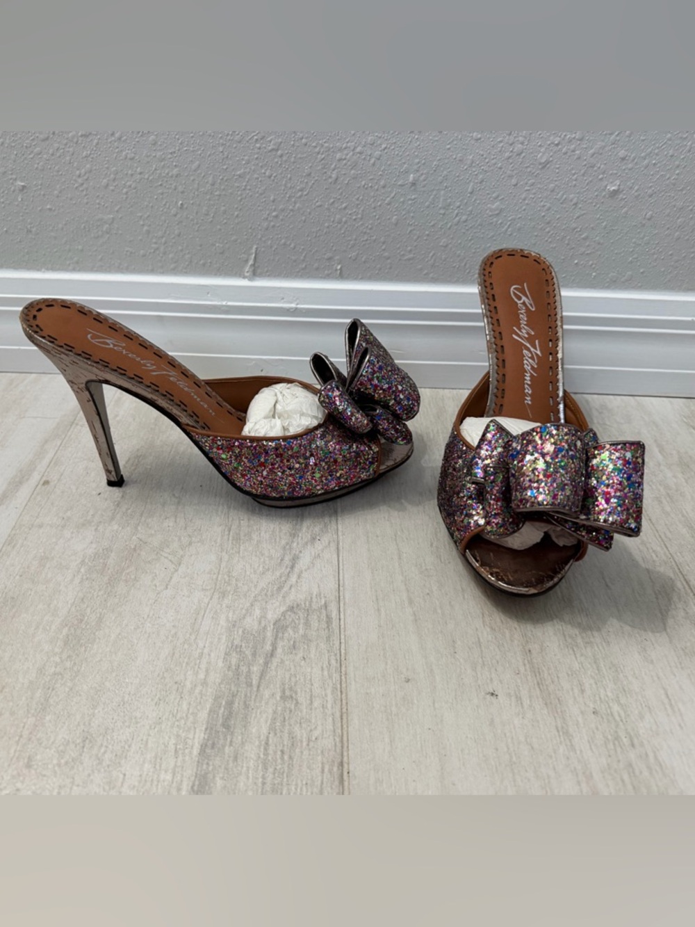BEVERLY FELDMAN Glitter Bow Slide Stiletto Heeled Sandals 10M RARE!